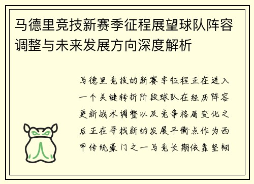 马德里竞技新赛季征程展望球队阵容调整与未来发展方向深度解析